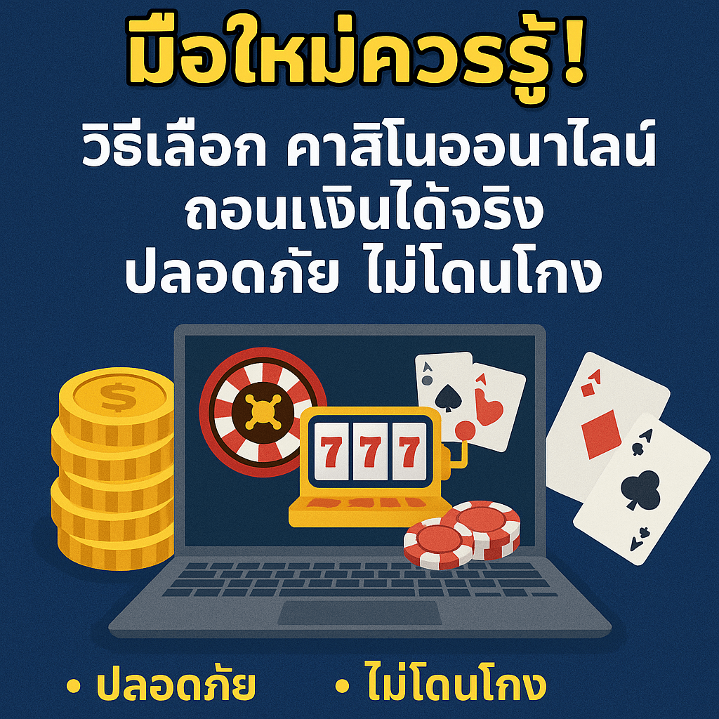 ภาพโปรโมตวิธีเลือกคาสิโนออนไลน์ ถอนเงินได้จริง สำหรับมือใหม่ แสดงผู้เล่นไทยใช้มือถือถอนเงินสำเร็จ พร้อมโลโก้ HUC99, 1xBet, Dafabet สื่อถึงความปลอดภัยและน่าเชื่อถือ