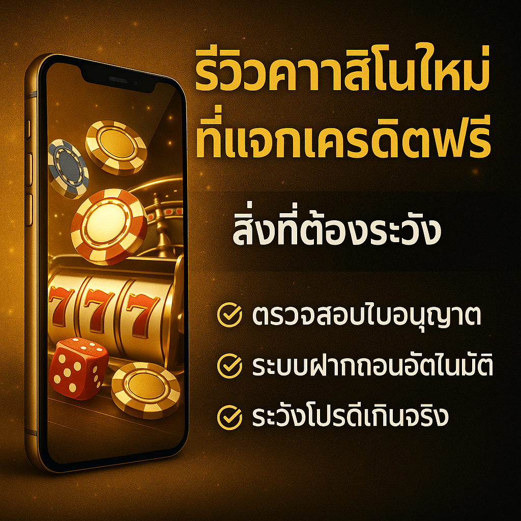 รีวิวเว็บคาสิโนใหม่ที่แจกเครดิตฟรี 2025 แสดงมือถือพร้อมชิปคาสิโนและสล็อต 777 สีทองดำ สื่อถึงความหรูหราและคำแนะนำในการเลือกเว็บที่ปลอดภัย