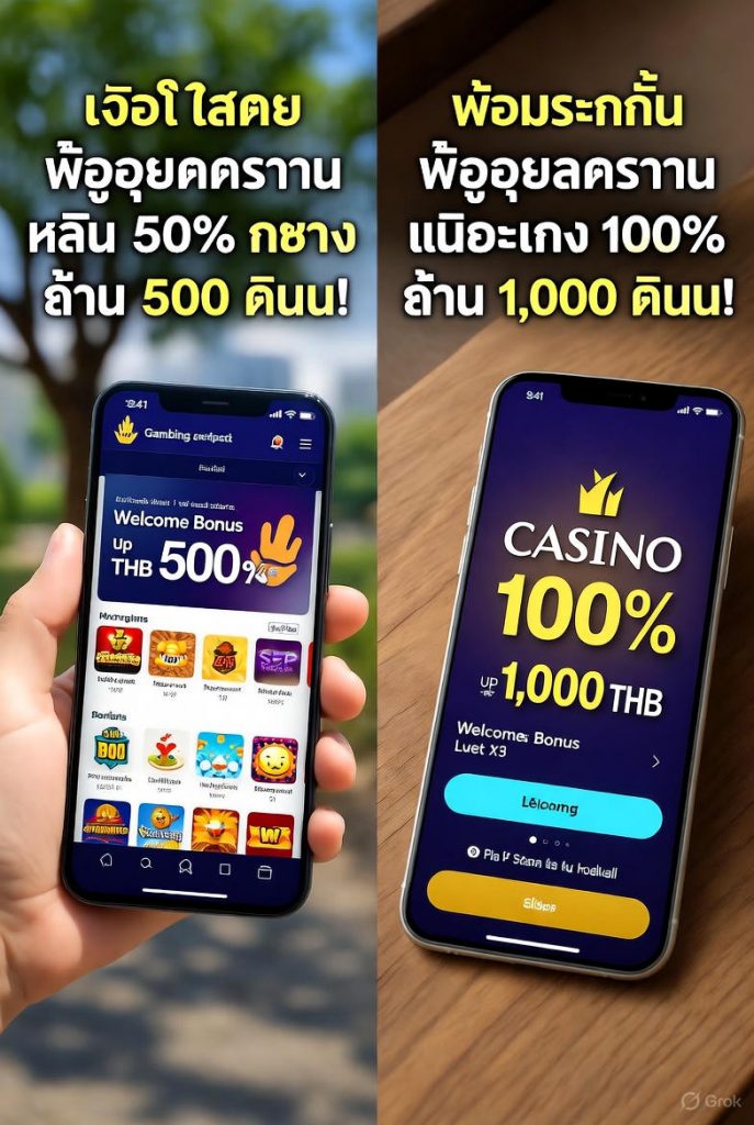 โฆษณาเล่นพนันออนไลน์ในไทย 2568 มือถือแสดงแอปคาสิโนพร้อมโบนัส 1,000 บาท บนโต๊ะไม้กับบุหรี่